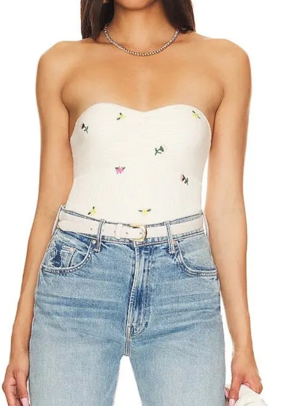 FAVORITE DAUGHTER!!Strapless White Ribbed Floral Embroidered Tube top! L